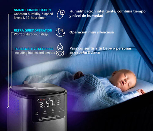 Humidificador inteligente: combina tiempo y nivel de humedad, operacion silenciosa  para un sueño profundo y reparador.