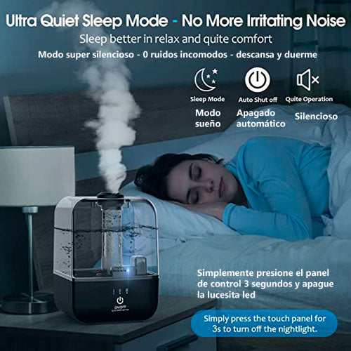 Este humidificador es ultra silencioso, apagado automatico y "luz" nocturna para evitar  molestias mientras duerme.